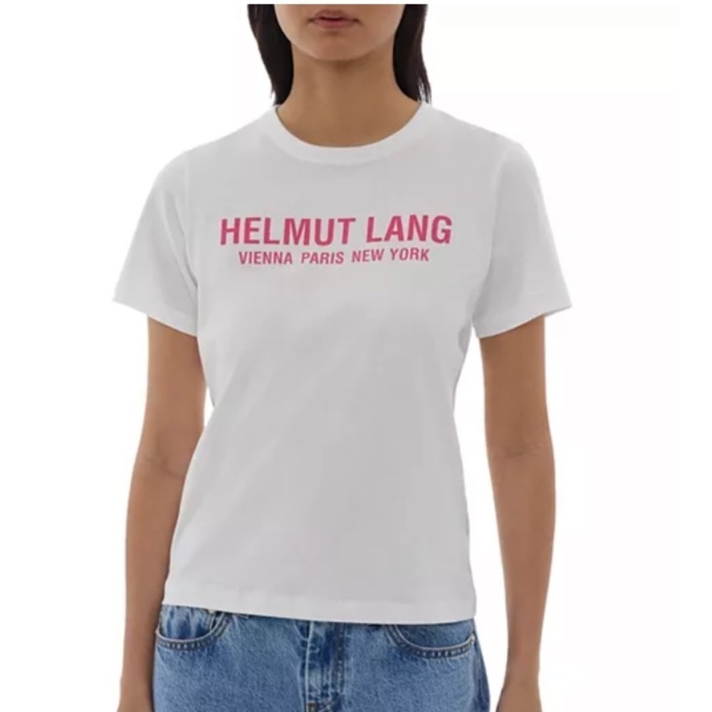 Helmut Lang Cotton Logo Women’s Baby Tee NWT Short Sleeves Cream Shocking Pink - Picture 6 of 13
